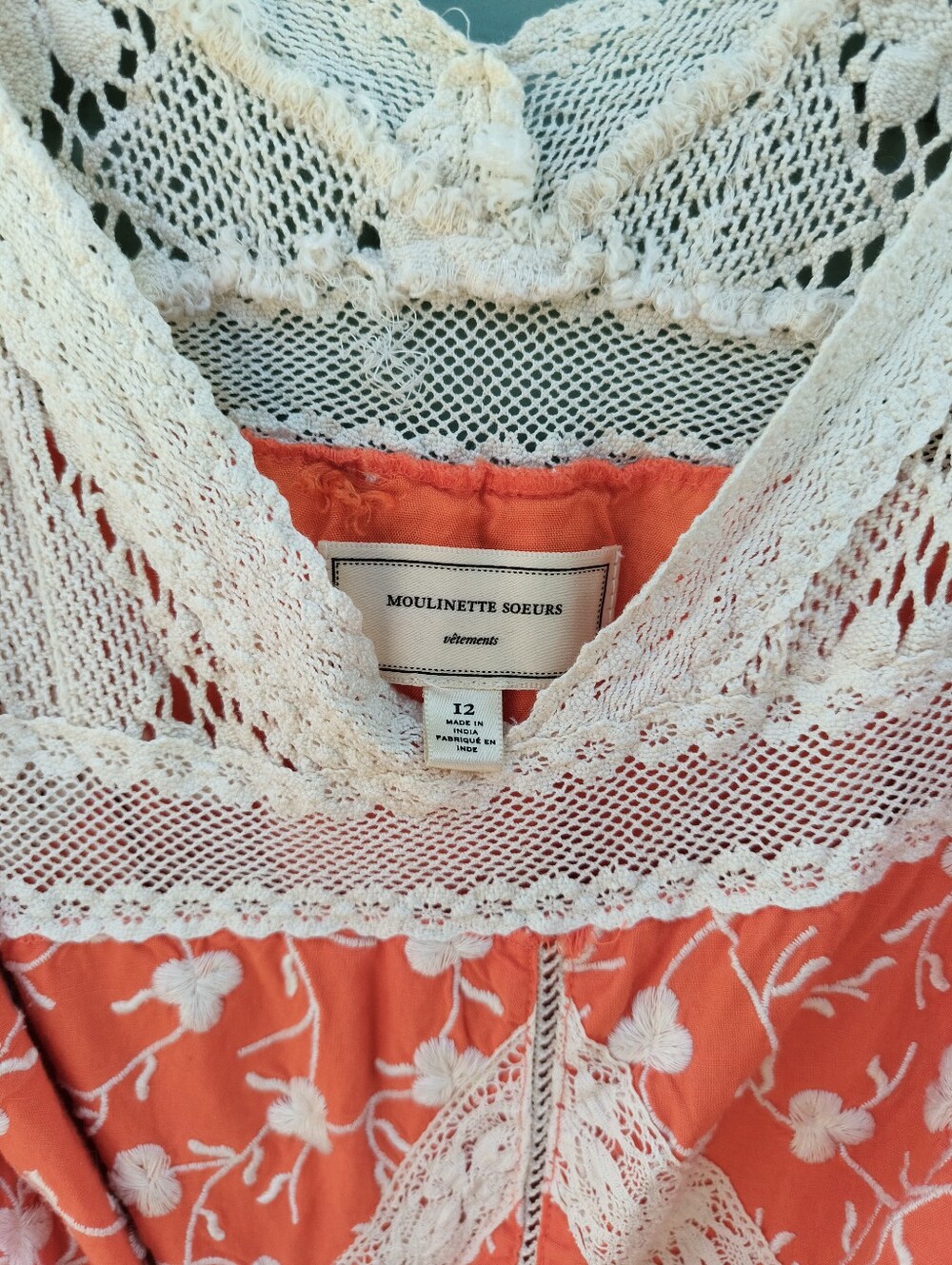 Moulinette Soeurs Aniko Lace Coral Dress with Cream Lace Trim Antropologie